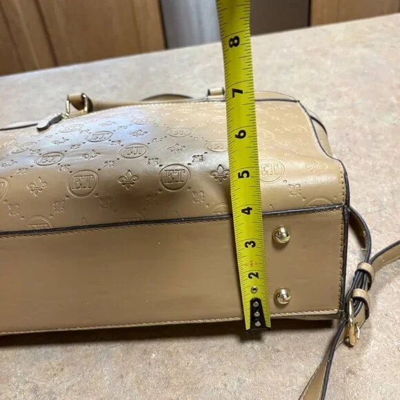 Ellen Tracy Monogram Signature Collection Double Handle Satchel Tan Faux Leather - Picture 12 of 16